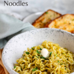 Vegan buttered noodles pin with grey text.