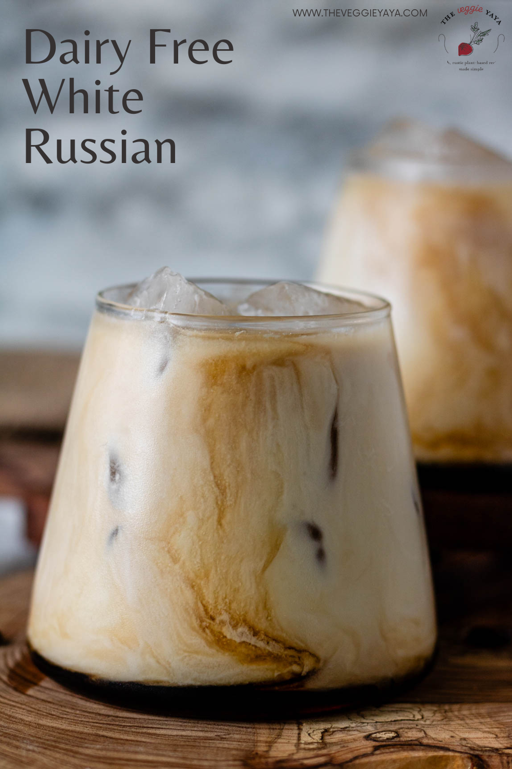 Dairy free white Russian pin with grey text.