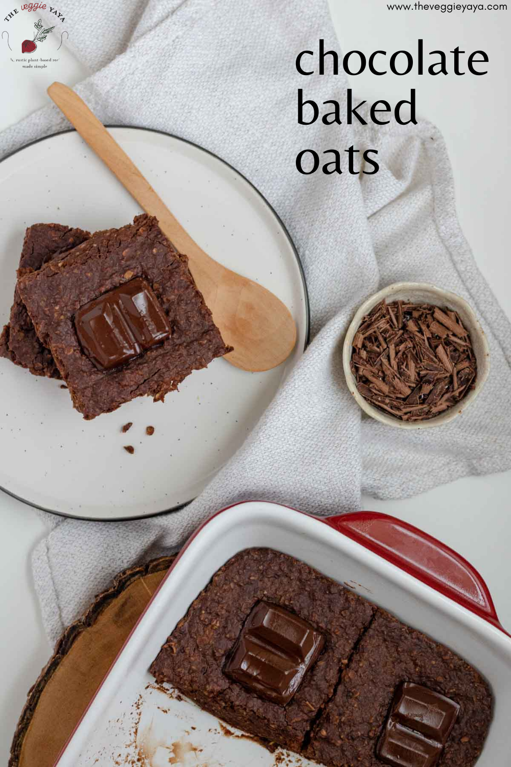 A plate of chocolate baked oats and the pan.