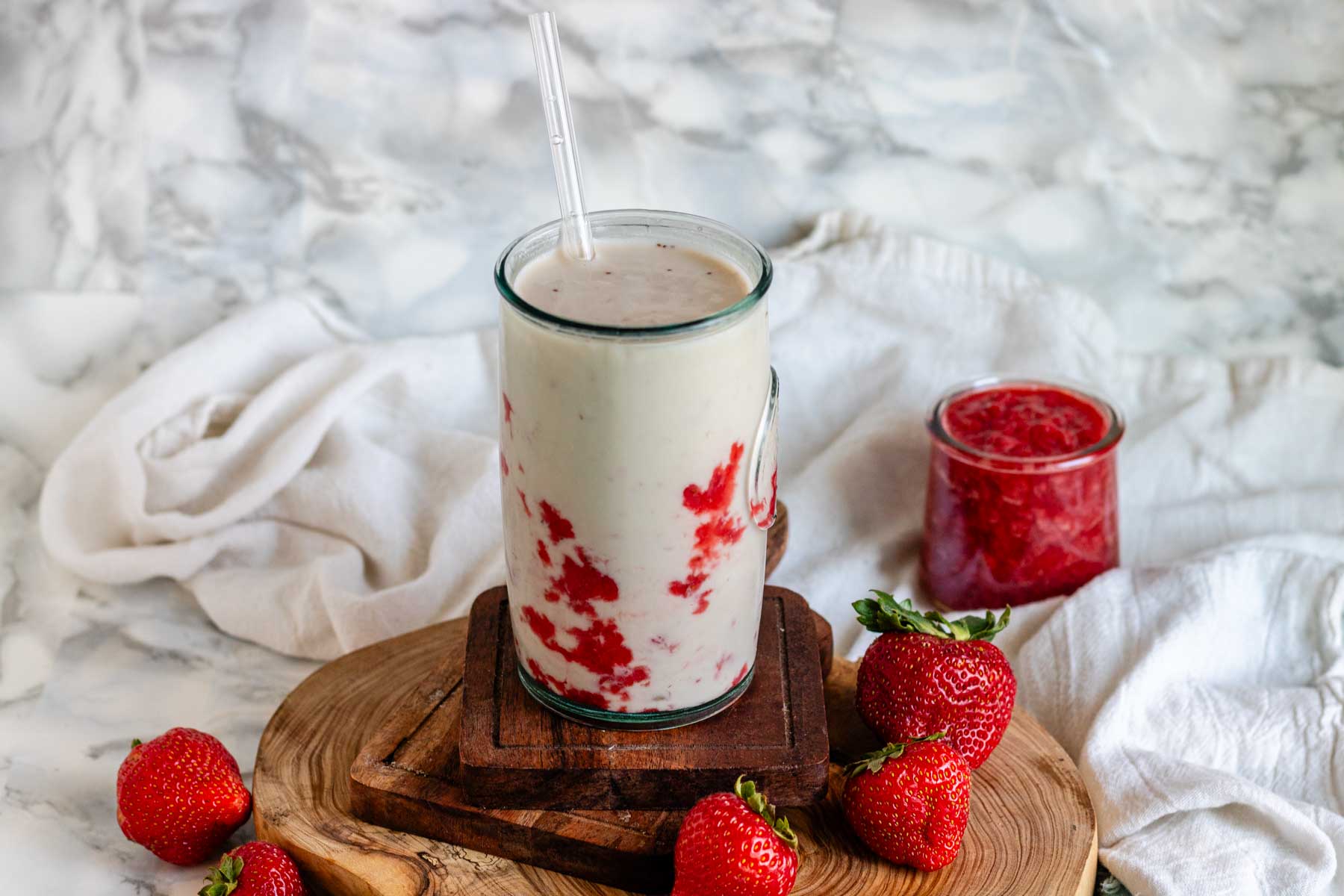 Vegan strawberry milk in a glass.