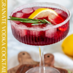 Pomegranate vodka cocktail pinterest image with yellow side bar.