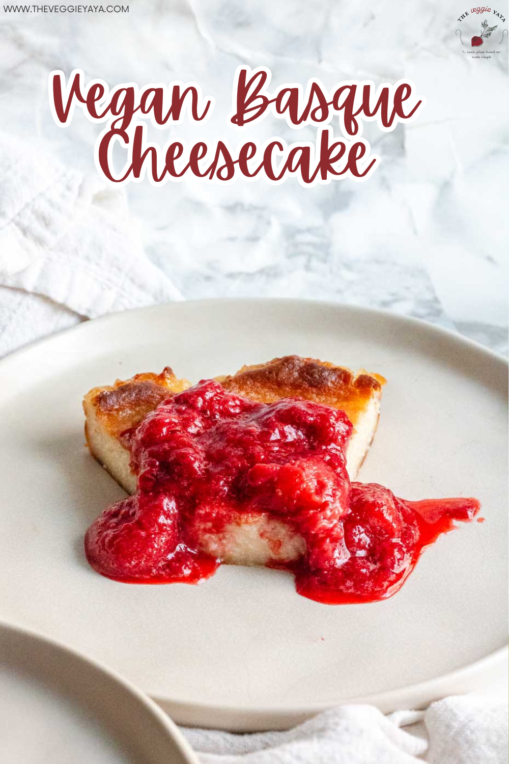 Vegan basque cheesecake pin with red text.
