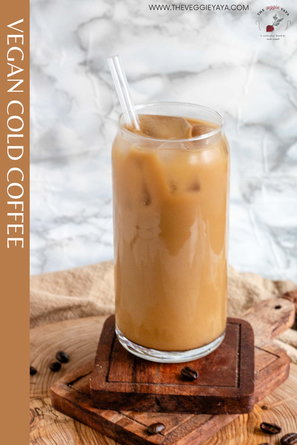 Vegan cold coffee pin with brown side bar.