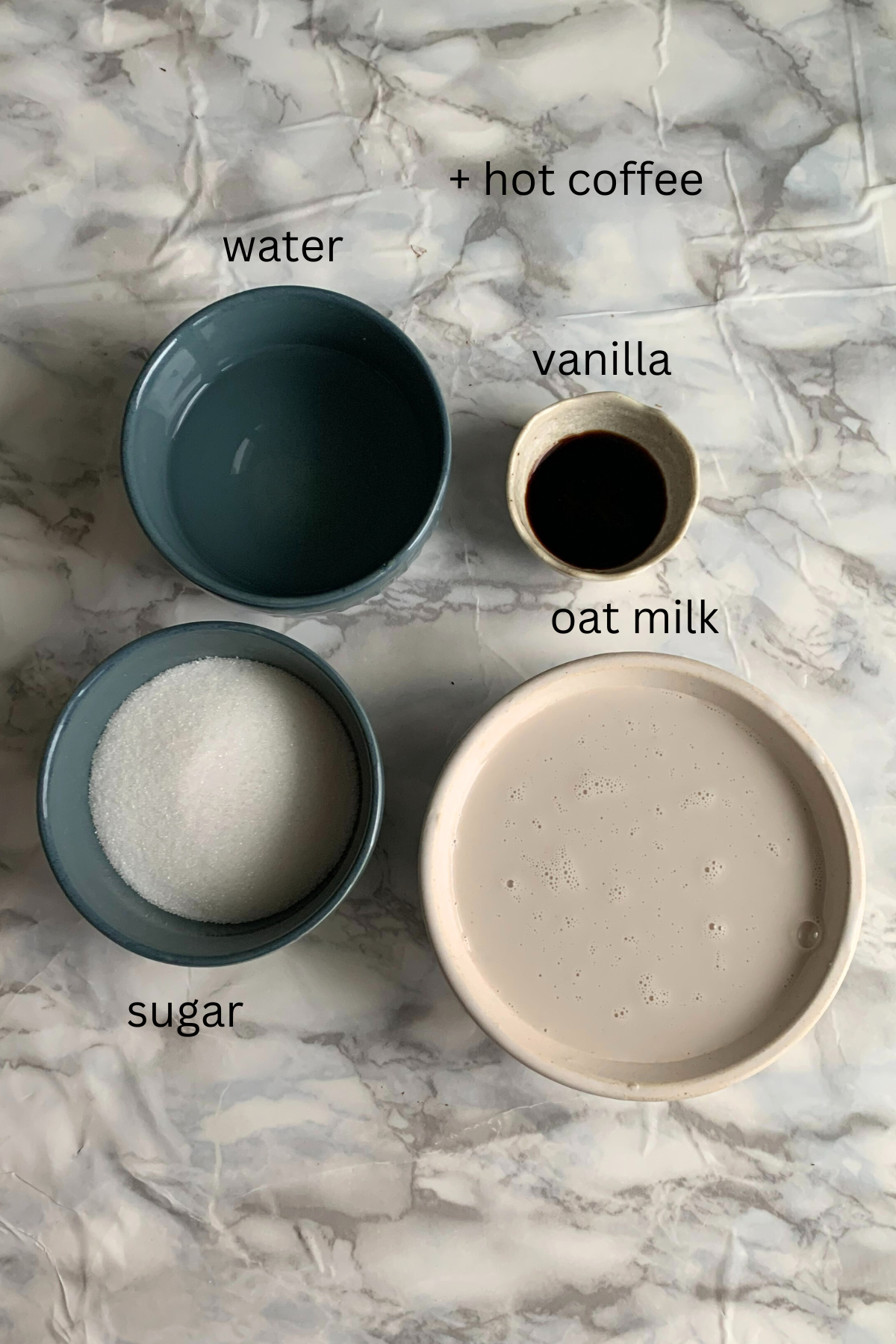 Ingredients for vanilla oat latte recipe.