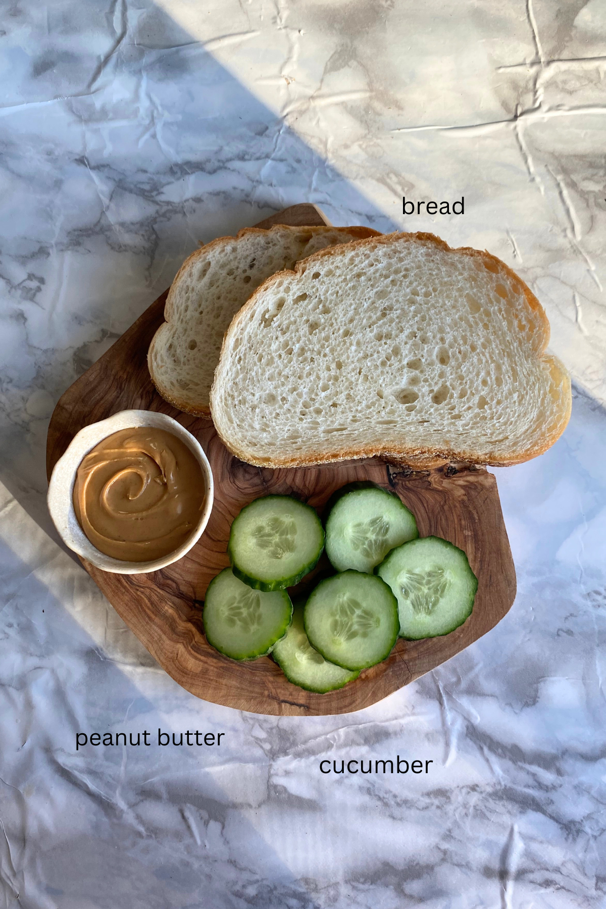 Peanut butter cucumber sandwich ingredients with text.