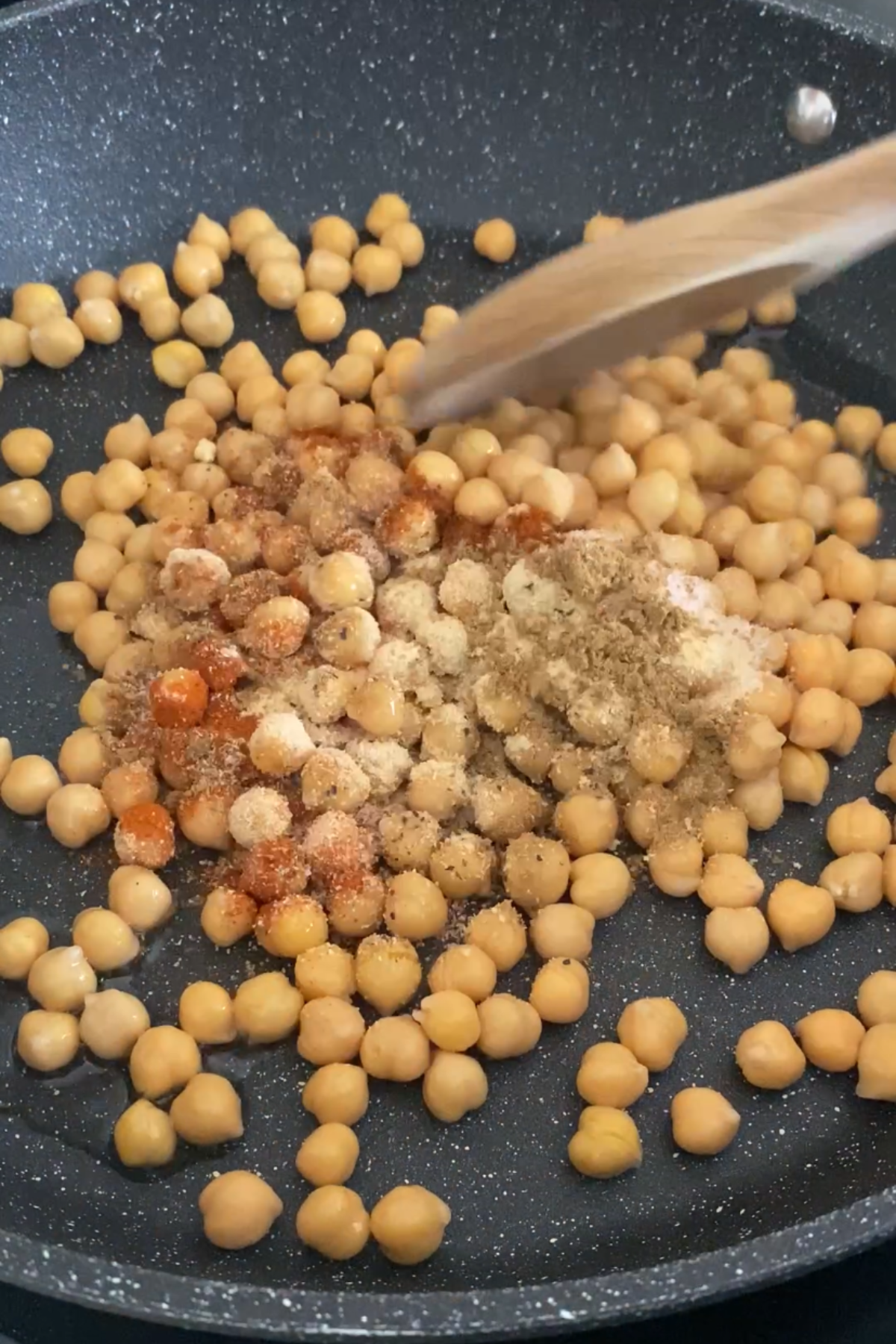 Chickpeas and spices in a pan.
