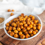 Pan fried chickpeas pin with black text.