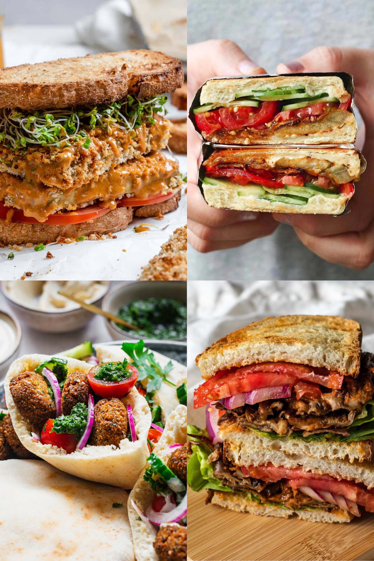 4 photos of vegan sandwiches.