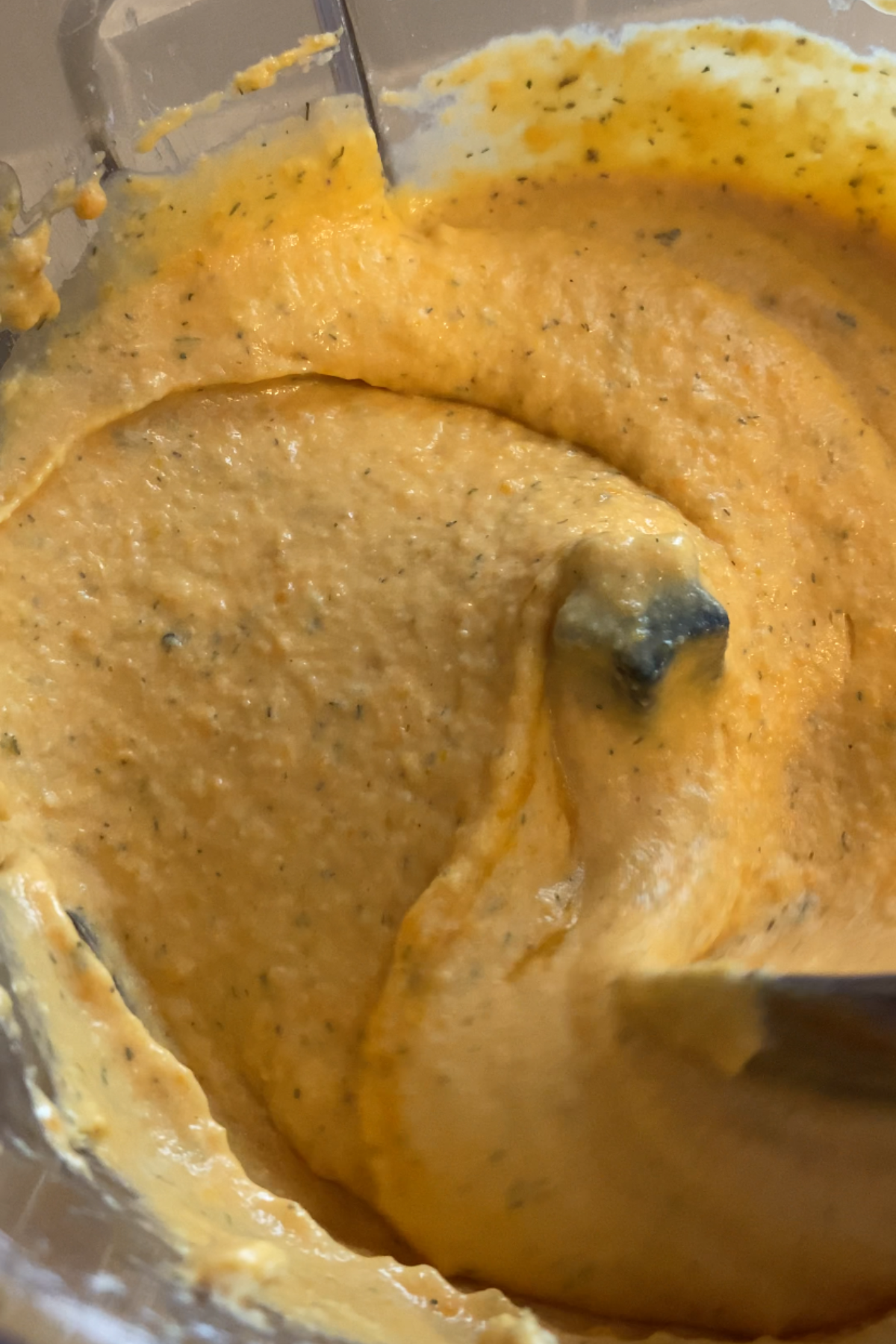 Sweet potato waffle batter in a food processor.