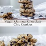 Two photos of oatmeal chocolate chip cookies divided by a white overlay with black text.