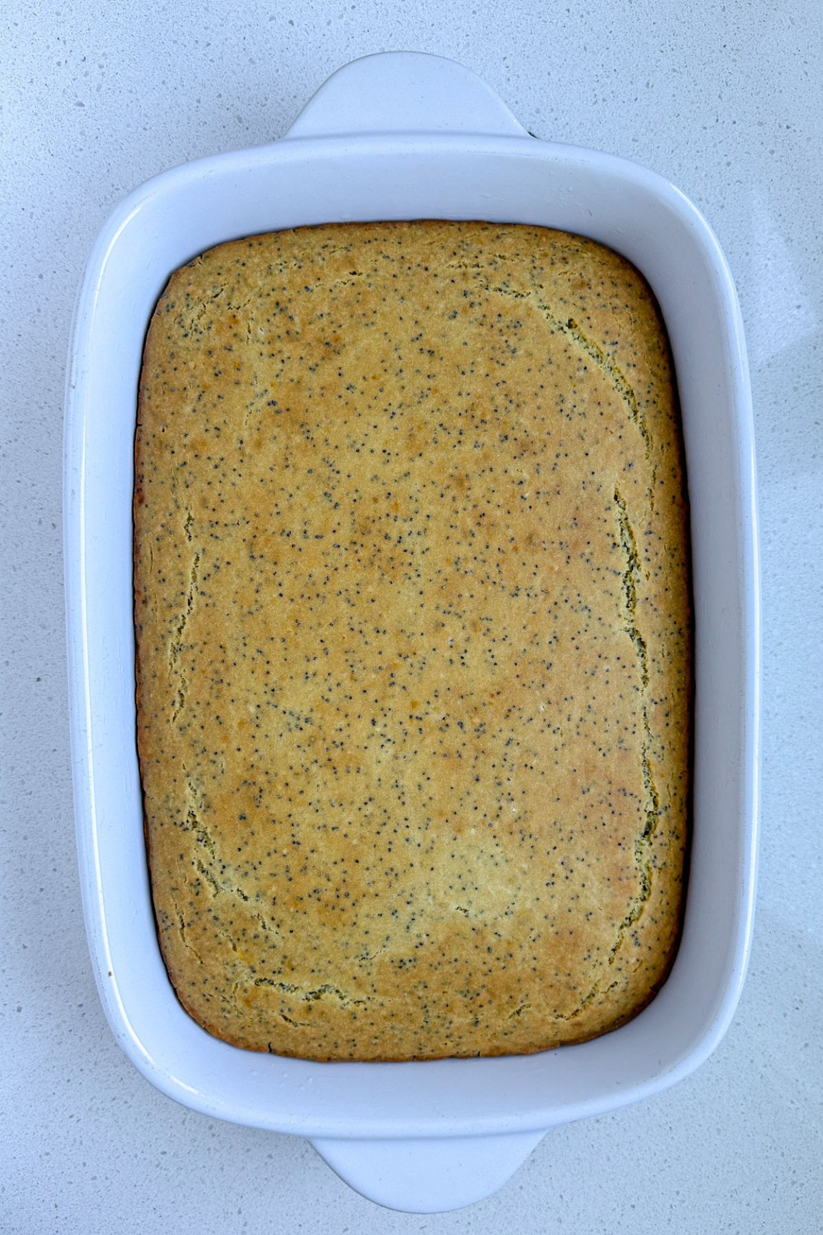 Lemon poppy seed cake in a baking dish.