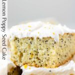 A close up of a square of lemon poppy seed cake with text along the left side of the image.