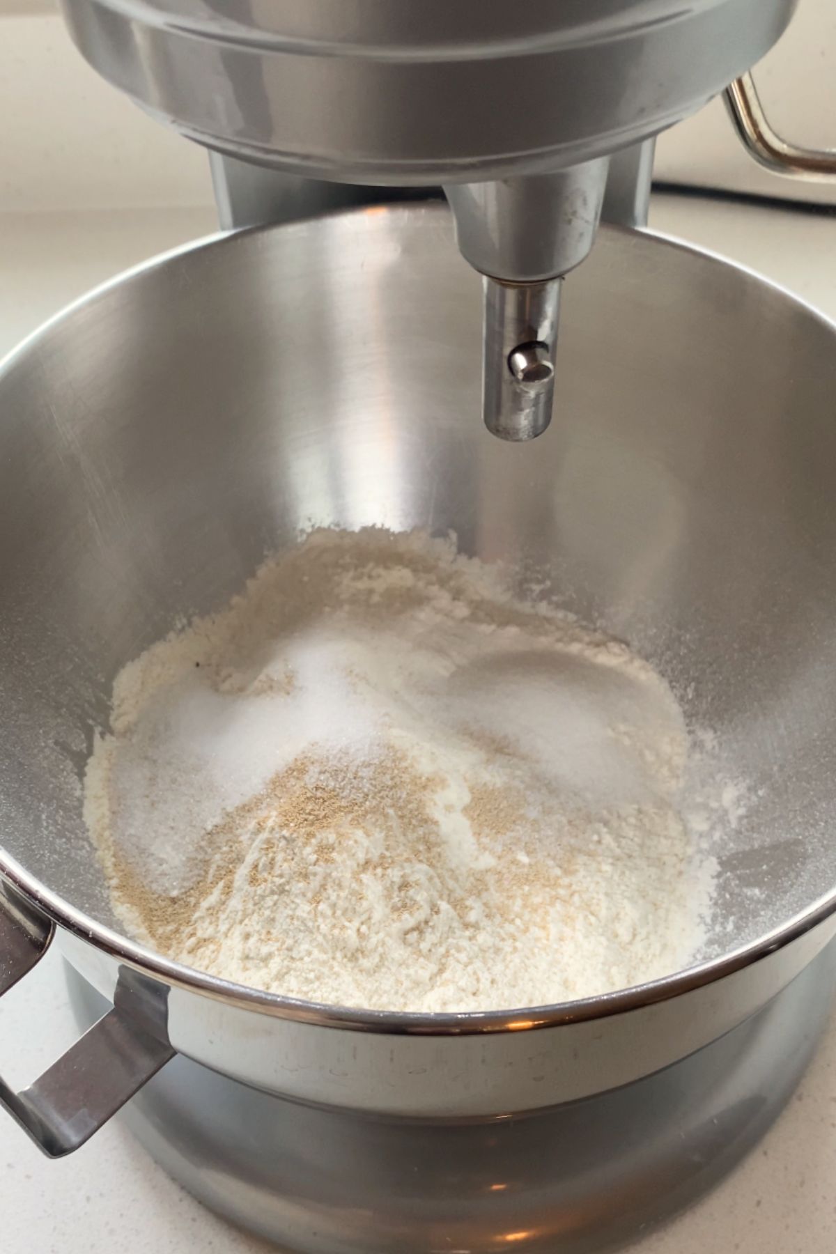 Flour, instant yeast, salt, and sugar in a stand mixer.