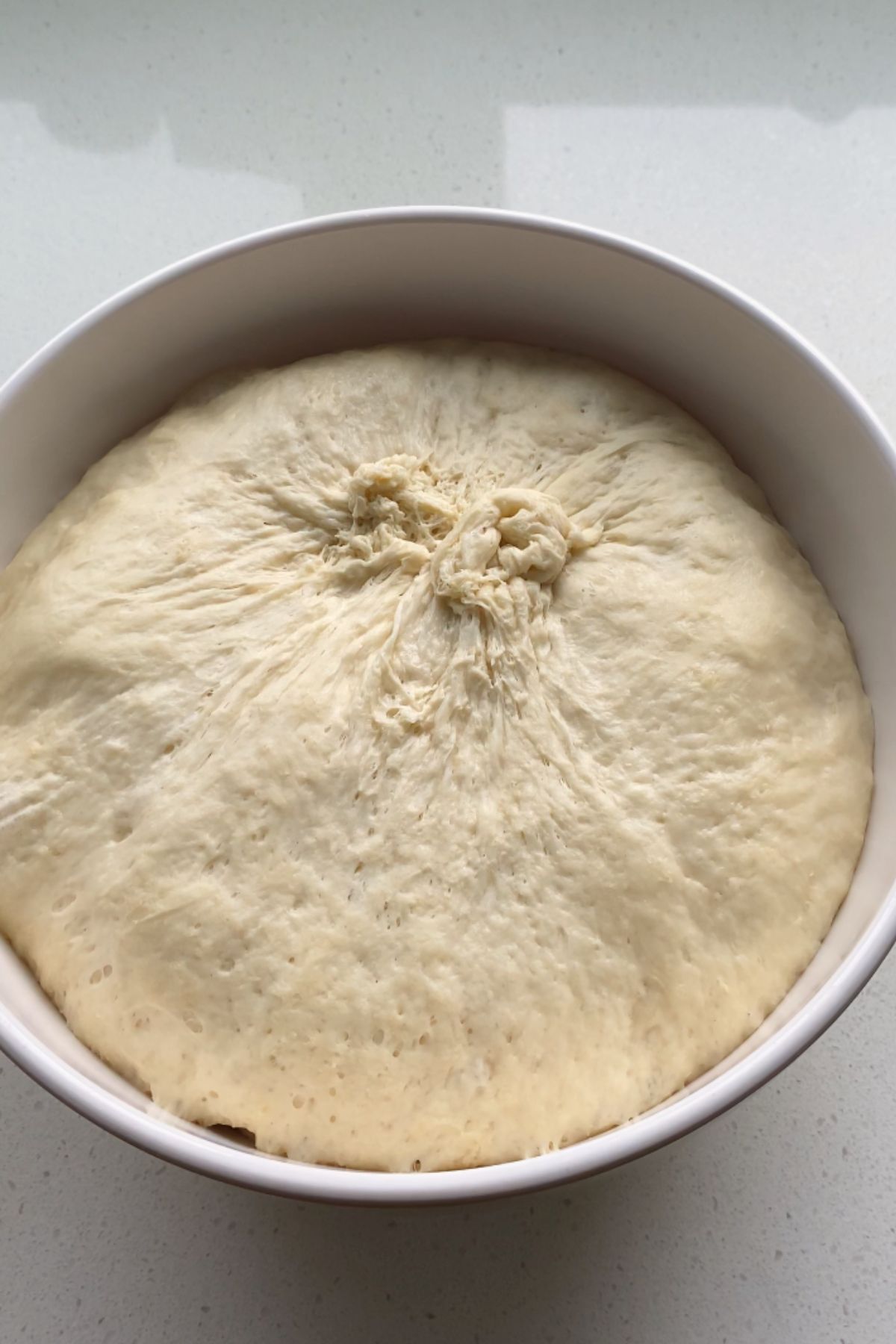 Dough rising in a white bowl.