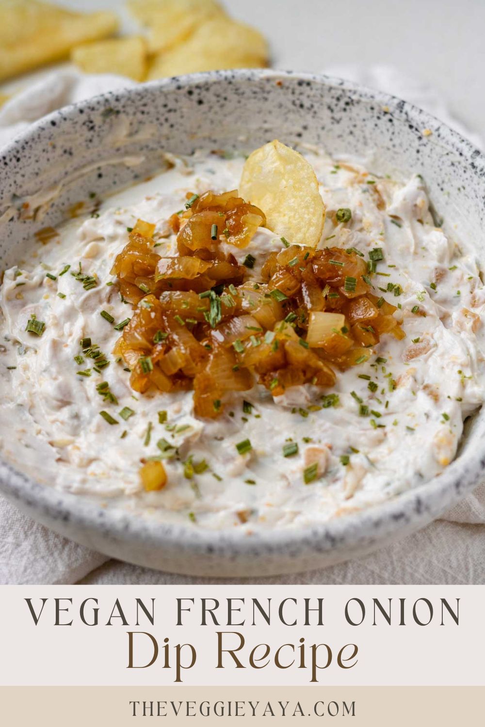 French onion dip topped with caramelized onions in a white bowl with text beneath the photo.