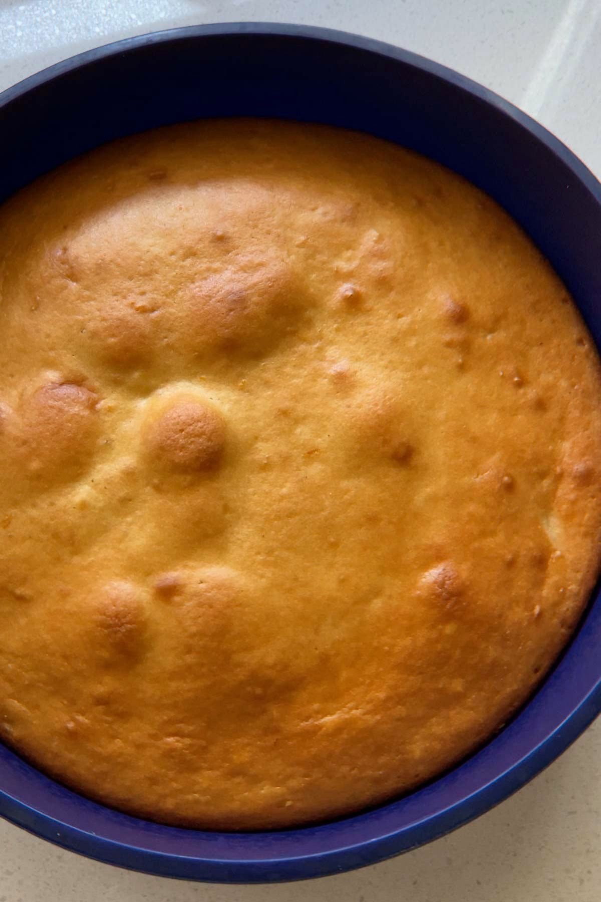 A top down view of an orange blossom cake freshly out of the oven.
